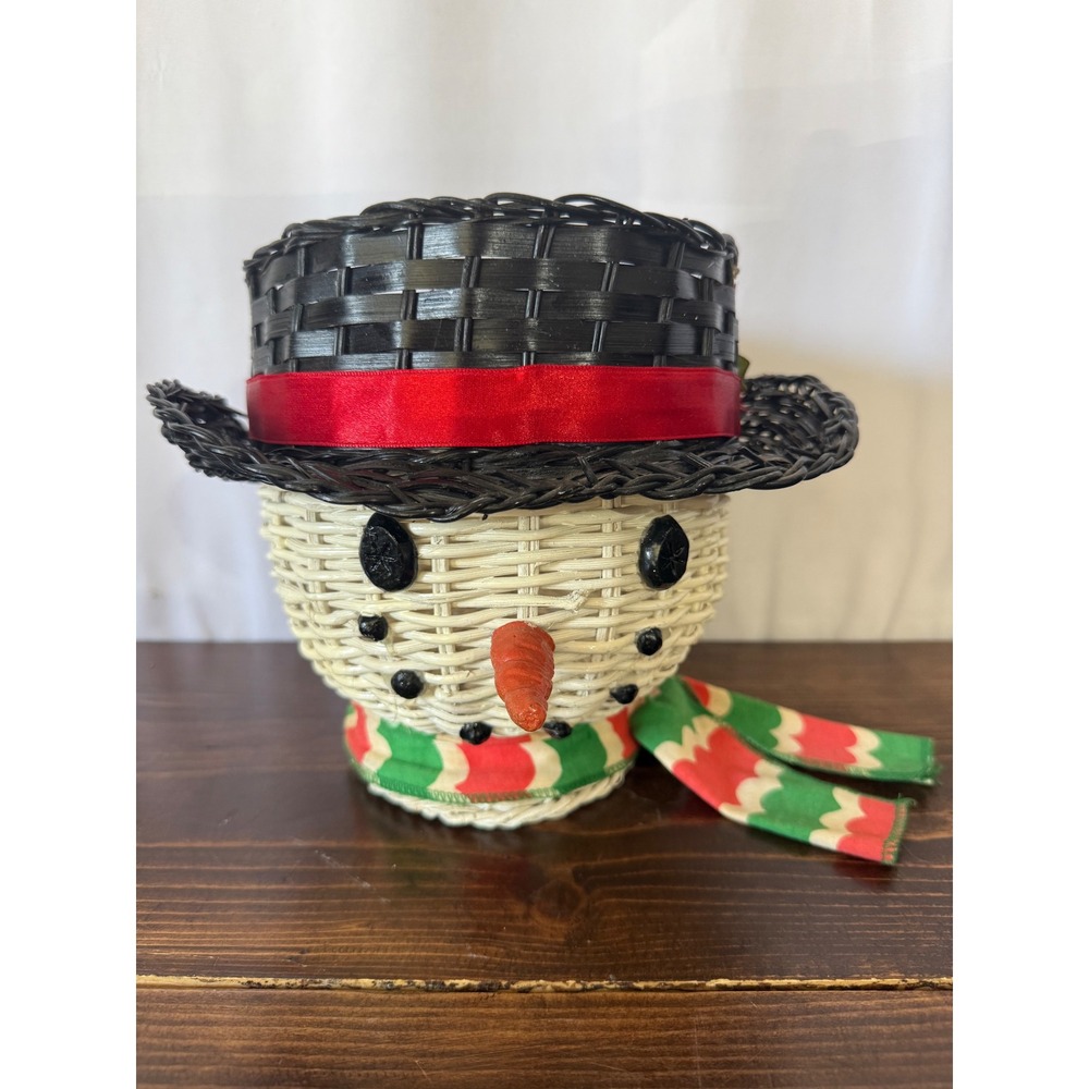 Vintage Snowman Wicker Basket Christmas Holiday Decor Top Hat Scarf 7‎ Inch